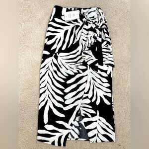 NWT H&M Linen-blend Wrap-front Midi Black White Skirt Sz 0